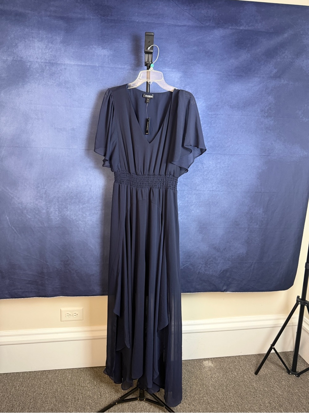 Navy V-Neck Smocked Waist Maxi Dress Express